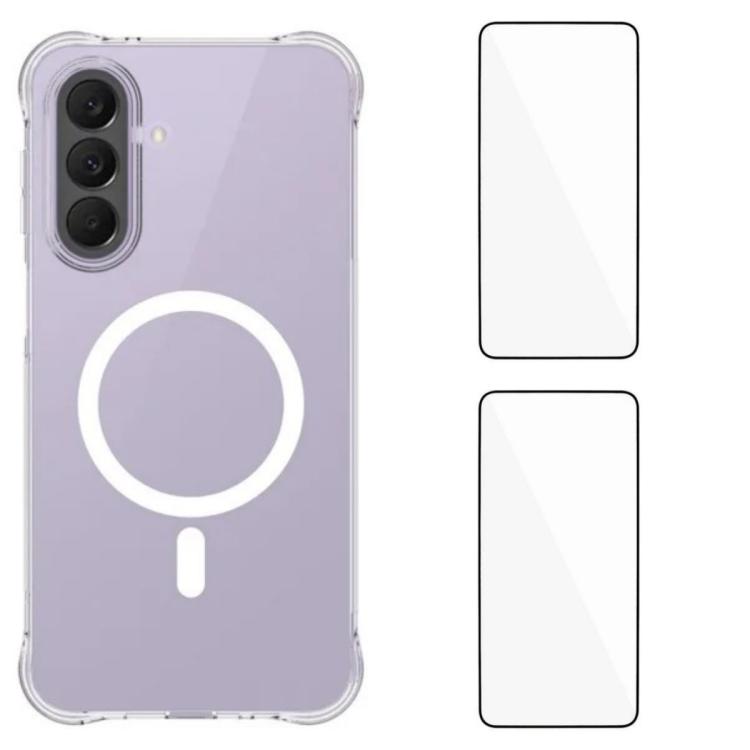 For Galaxy S26 5G WANLONFENG Transparent Magnetic Four-Corner Shockproof TPU Phone Case with 2pcs Screen Films(Transparent)