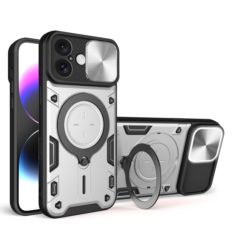 For iPhone 16 CD Texture Sliding Camshield Magnetic Holder Phone Case(Silver)