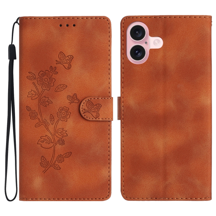For iPhone 16 Flower Butterfly Embossing Pattern Leather Phone Case(Brown)