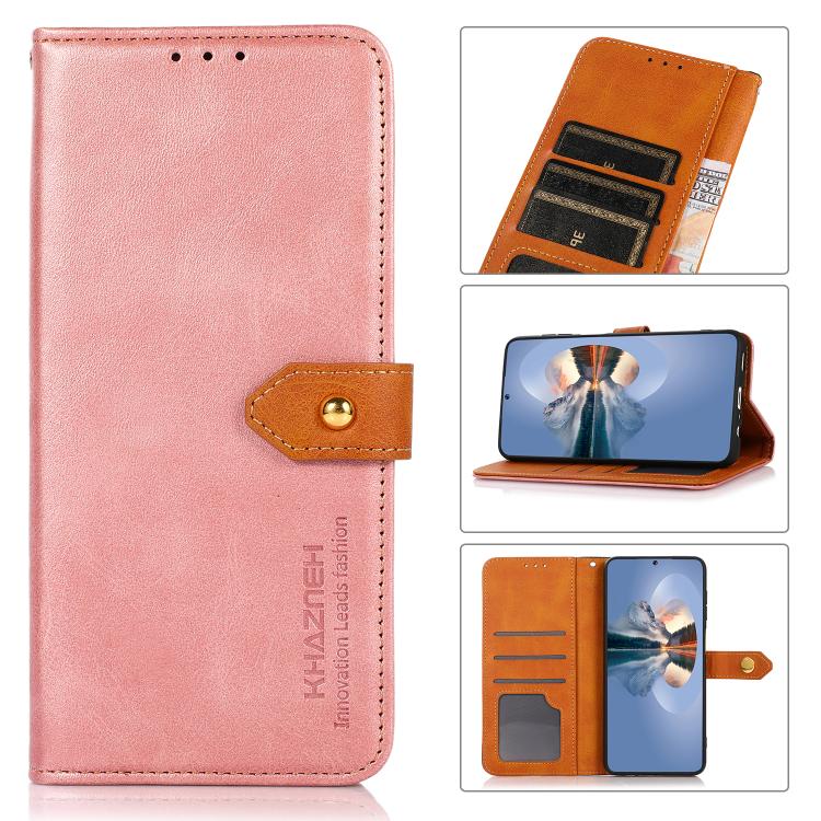 For iPhone 16 KHAZNEH Dual-color Cowhide Texture Flip Leather Phone Case(Rose Gold)