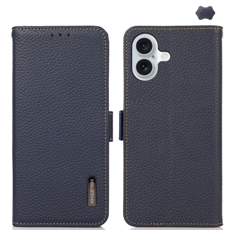For iPhone 16 KHAZNEH Side-Magnetic Litchi Genuine Leather RFID Case(Blue)