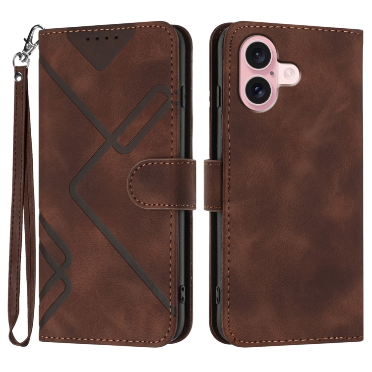 For iPhone 16 Line Pattern Skin Feel Leather Phone Case(Coffee)