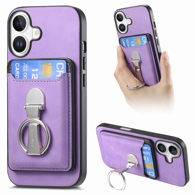 For iPhone 16 Retro Folding Ring Holder Card Bag MagSafe Phone Case(Purple)