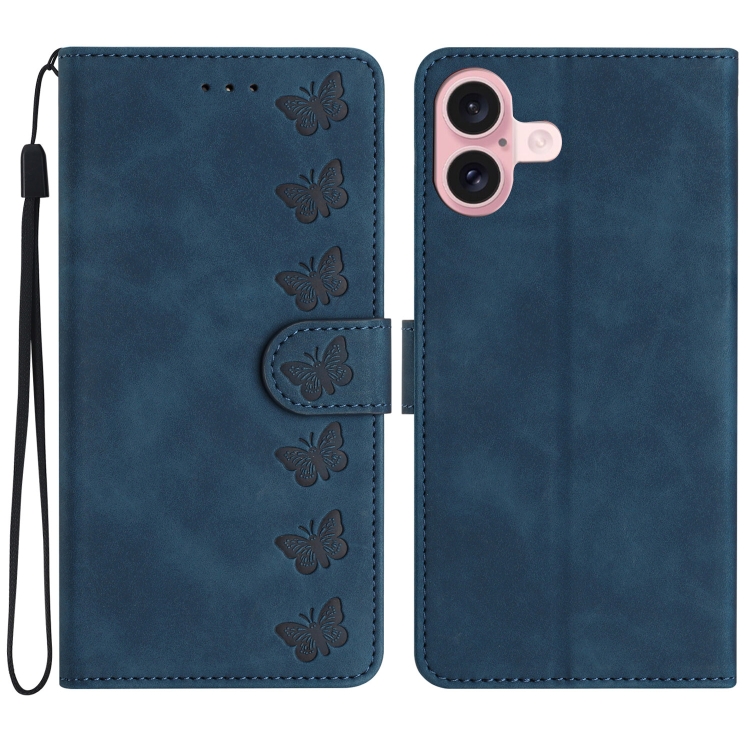 For iPhone 16 Seven Butterflies Embossed Leather Phone Case(Blue)