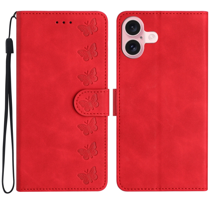 For iPhone 16 Seven Butterflies Embossed Leather Phone Case(Red)