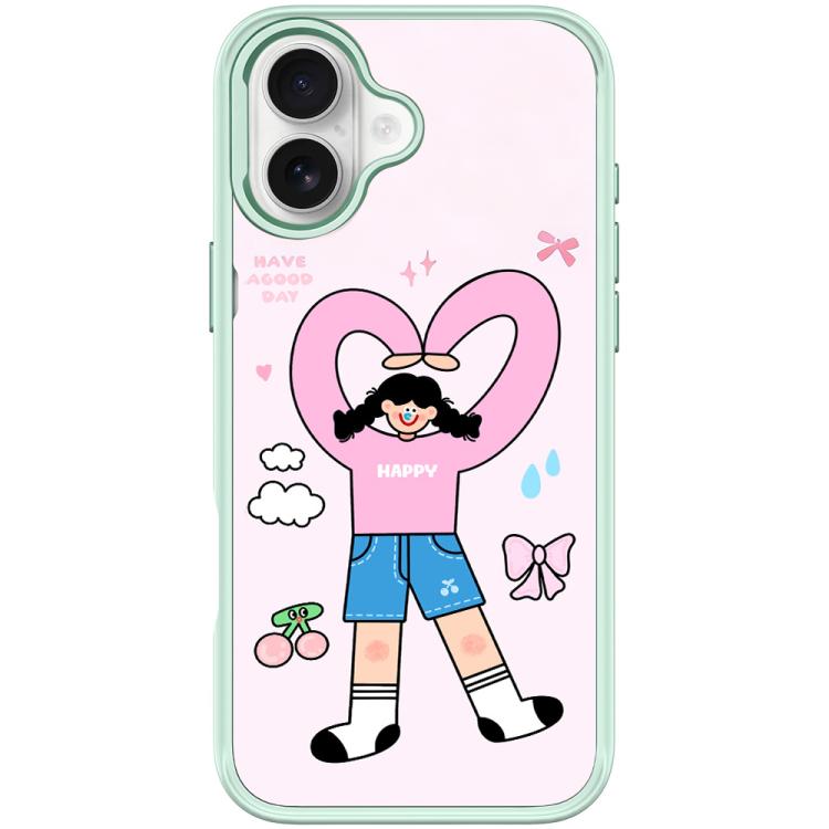 For iPhone 17 Adorable Double Ponytail Heart Girl Pattern Magnetic Phone Case(Light Green)