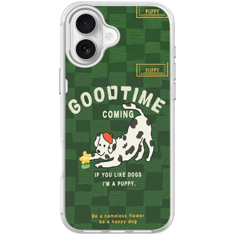 For iPhone 17 Adorable Flower Catching Dog Pattern Magnetic Phone Case(Transparent White)
