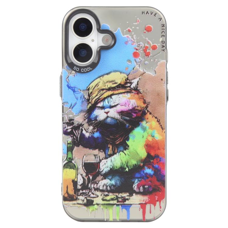 For iPhone 17 Animal Pattern Oil Painting Series PC + TPU Phone Case(Drinking Cat)