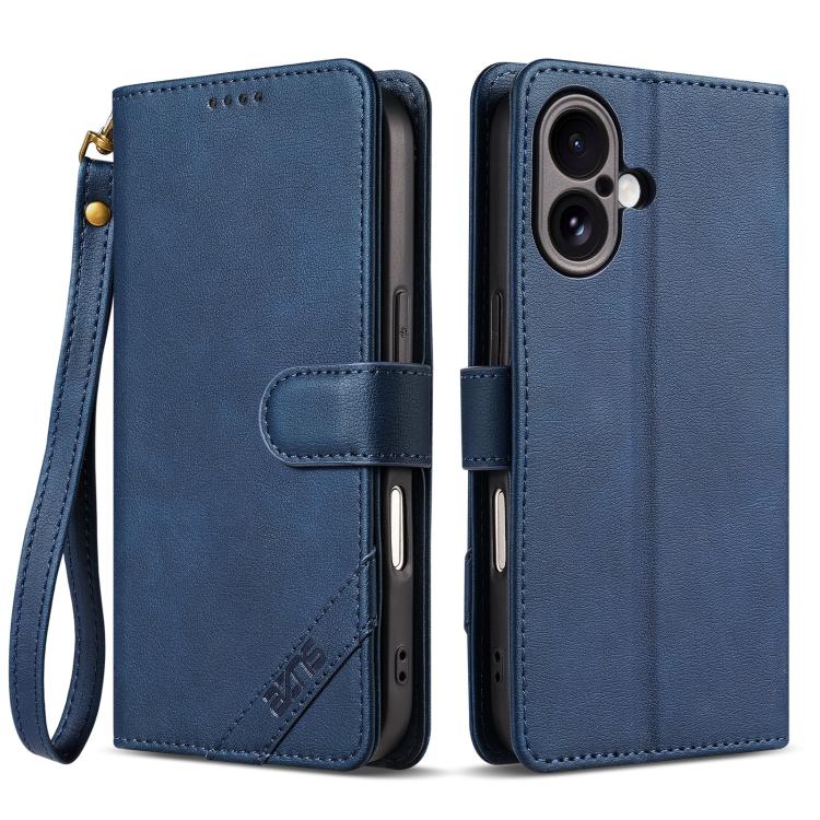 For iPhone 17 AZNS A2 Series Tri-Card Wallet RFID Vegan Leather Phone Case with Strap(Blue)