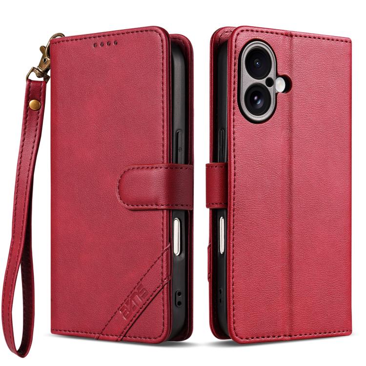 For iPhone 17 AZNS A2 Series Tri-Card Wallet RFID Vegan Leather Phone Case with Strap(Red)