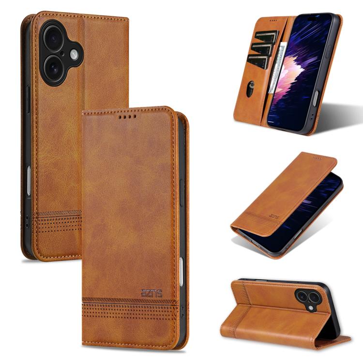 For iPhone 17 AZNS Magnetic Calf Texture Flip Leather Phone Case(Light Brown)