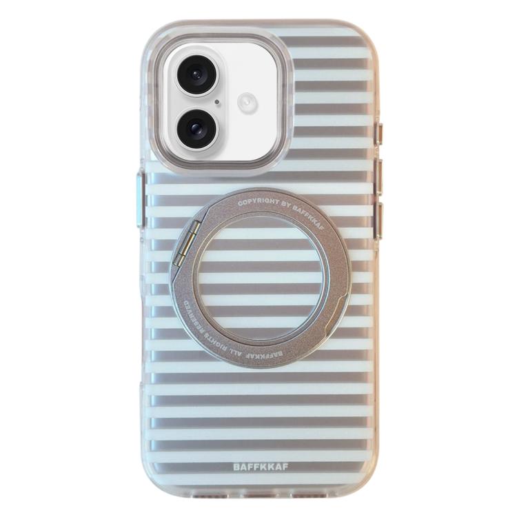 For iPhone 17 BAFFKKAF Frosted Stripes 360 Holder Airbag Double-Sided IMD Magnetic Phone Case(Silver White)