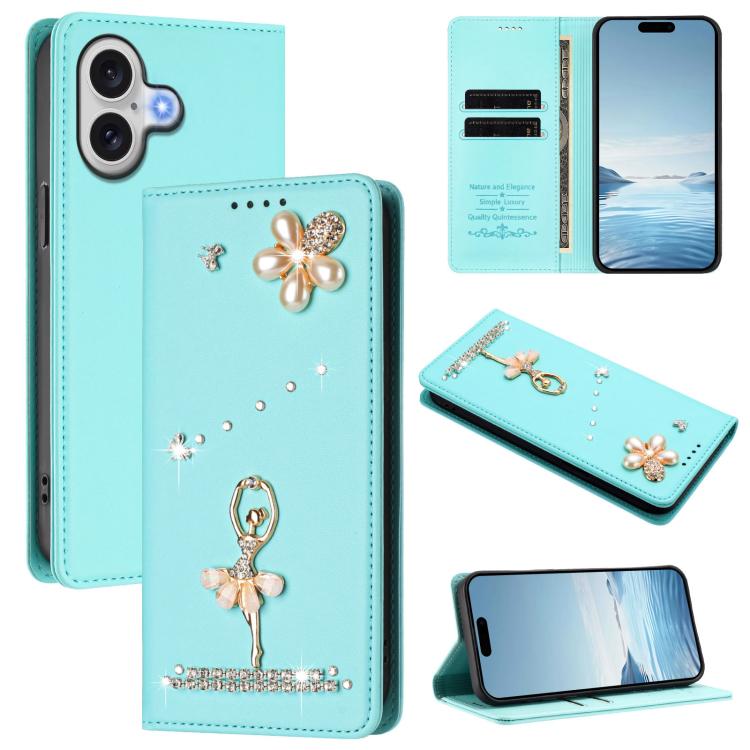 For iPhone 17 Ballet Girl Diamond Studded RFID Vegan Leather Phone Case(Mint Green)