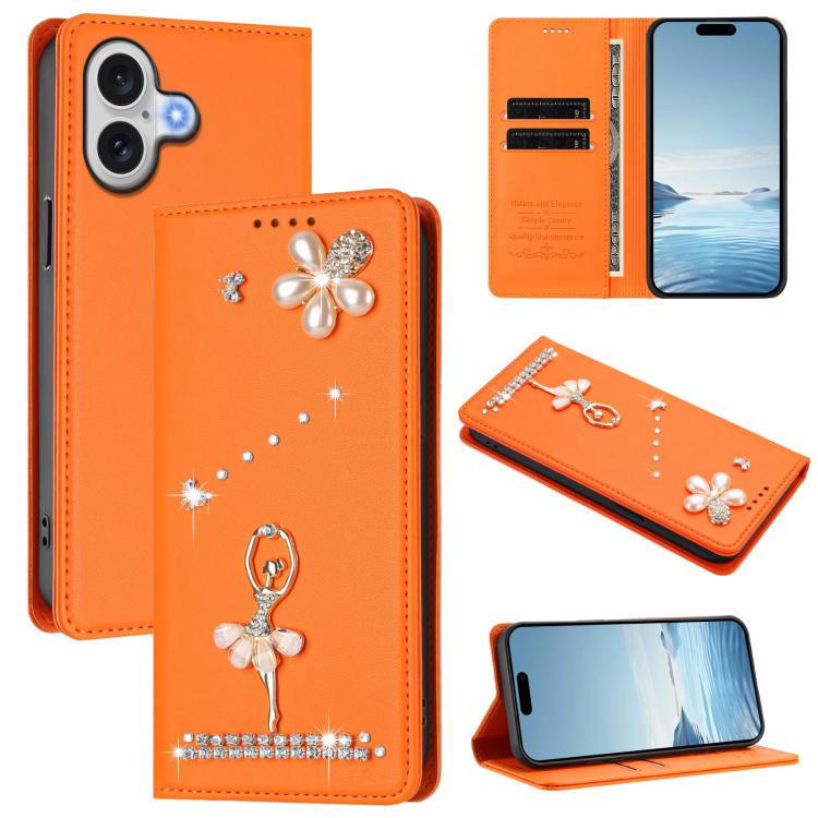 For iPhone 17 Ballet Girl Diamond Studded RFID Vegan Leather Phone Case(Orange)