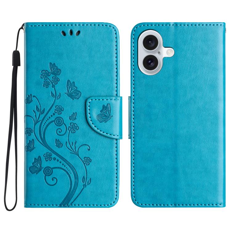 For iPhone 17 Butterfly Flower Pattern Flip Leather Phone Case(Blue)