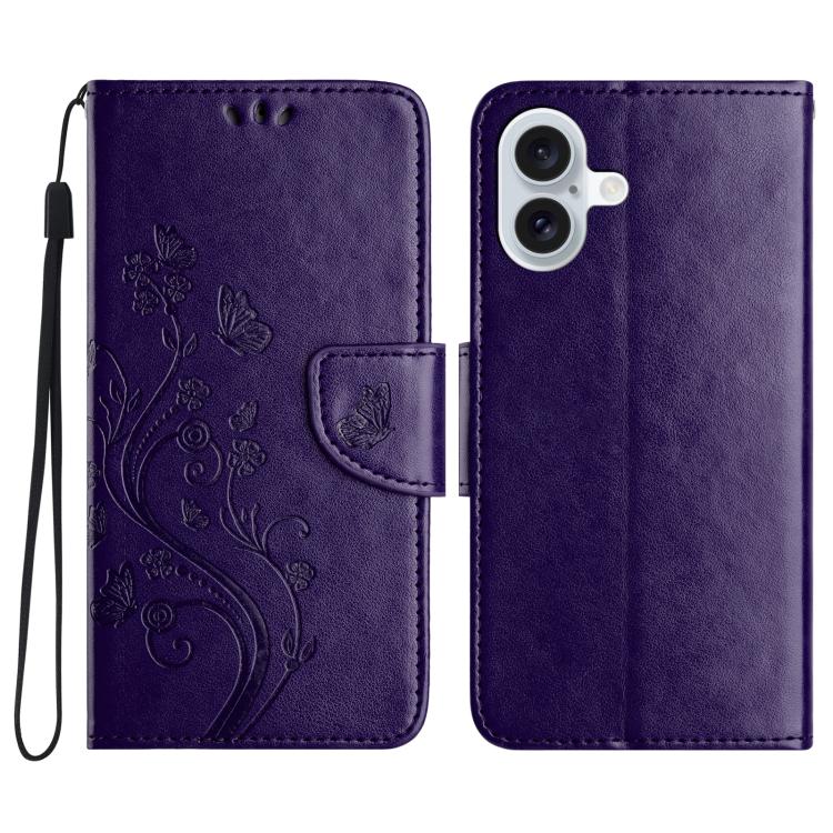 For iPhone 17 Butterfly Flower Pattern Flip Leather Phone Case(Dark Purple)
