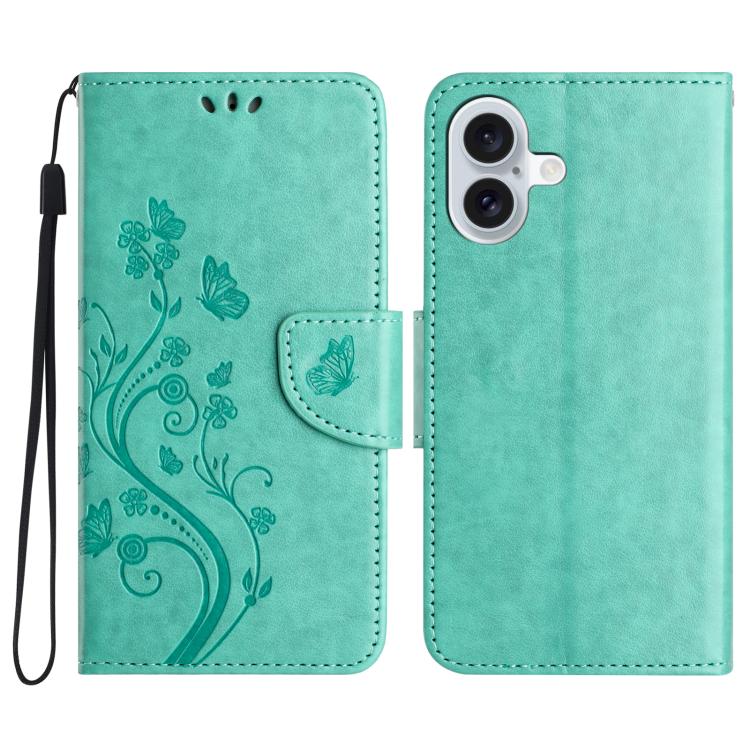 For iPhone 17 Butterfly Flower Pattern Flip Leather Phone Case(Green)