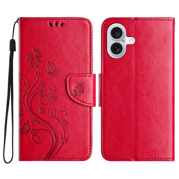For iPhone 17 Butterfly Flower Pattern Flip Leather Phone Case(Red)