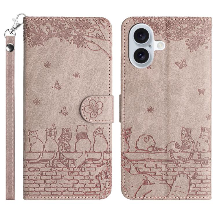 For iPhone 17 Cat Embossing Pattern Leather Phone Case with Lanyard(Grey)