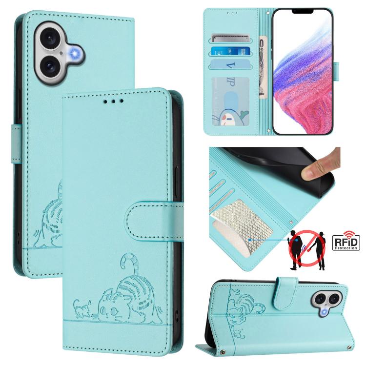 For iPhone 17 Cat Rat Embossed Pattern RFID Leather Phone Case with Lanyard(Mint Green)