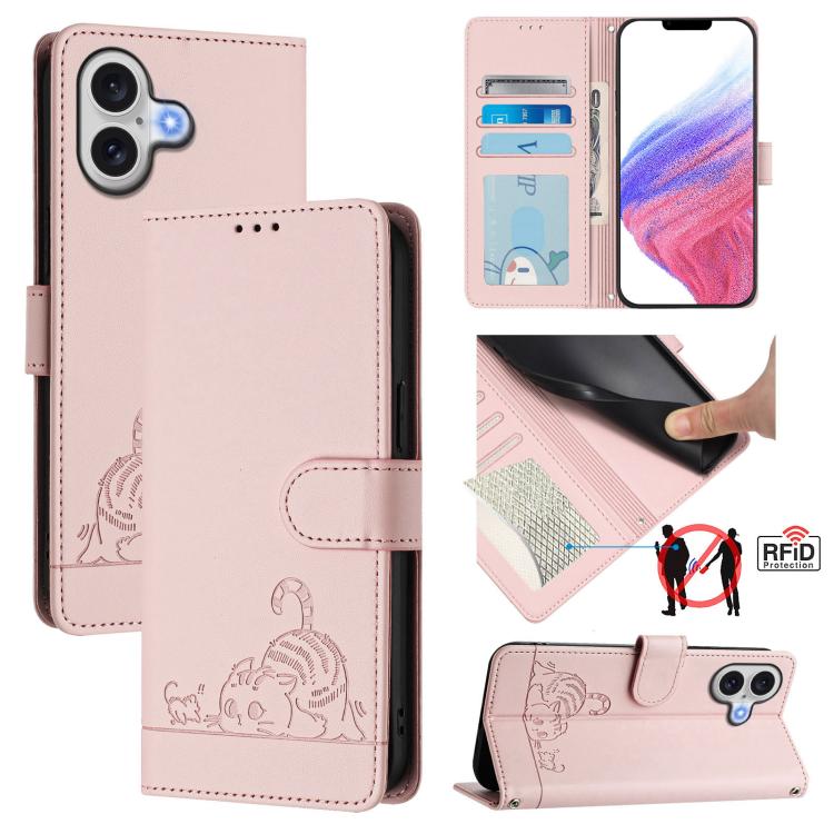 For iPhone 17 Cat Rat Embossed Pattern RFID Leather Phone Case with Lanyard(Pink)