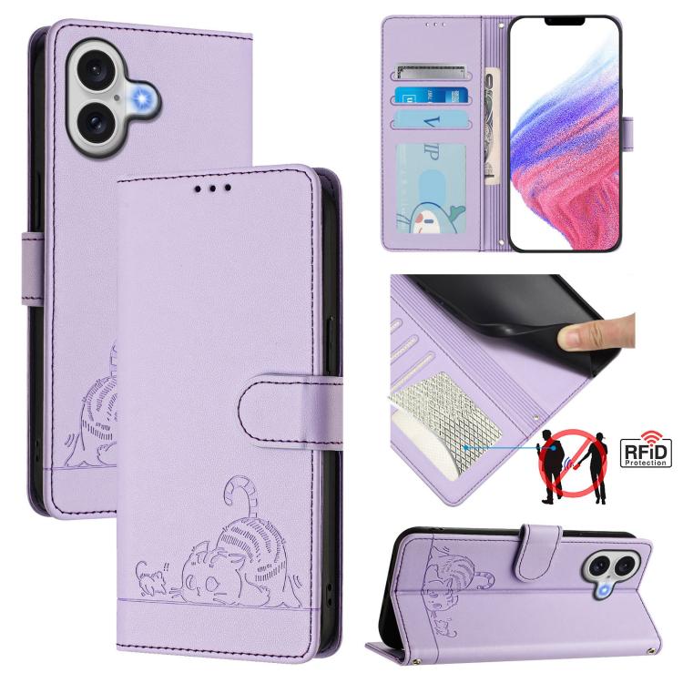 For iPhone 17 Cat Rat Embossed Pattern RFID Leather Phone Case with Lanyard(Purple)