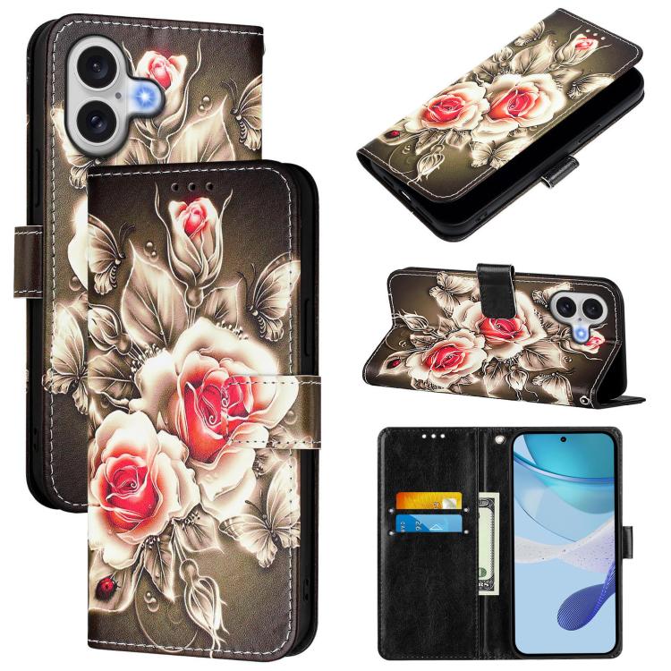 For iPhone 17 Colored Drawing Pattern Plain Weave Leather Phone Case(Roses On Black)