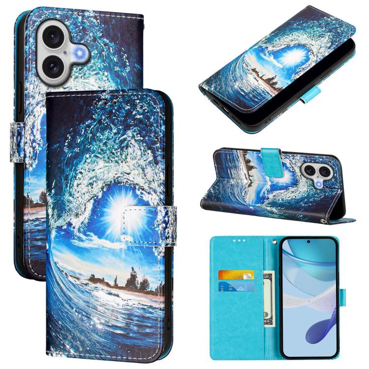 For iPhone 17 Colored Drawing Pattern Plain Weave Leather Phone Case(Waves And Sun)