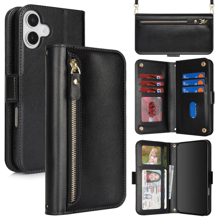 For iPhone 17 Crossbody Front Zipper Multi-Card Wallet Bag Vegan Leather Phone Case(Black)