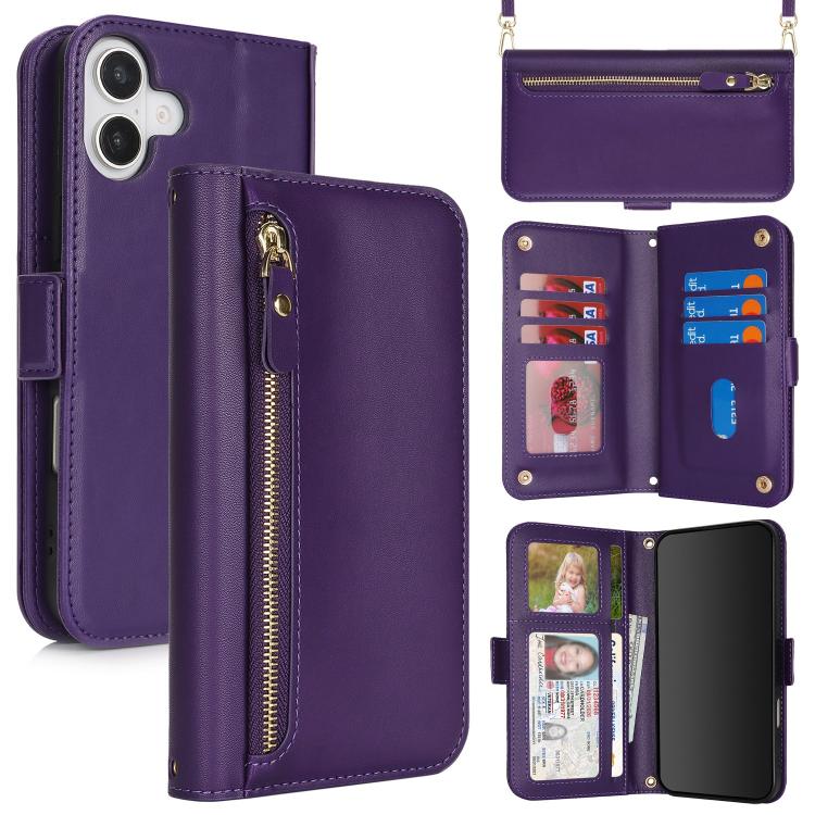For iPhone 17 Crossbody Front Zipper Multi-Card Wallet Bag Vegan Leather Phone Case(Dark Purple)