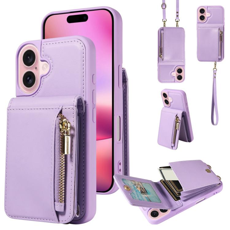 For iPhone 17 Crossbody Lanyard Zipper Wallet Leather Phone Case(Purple)