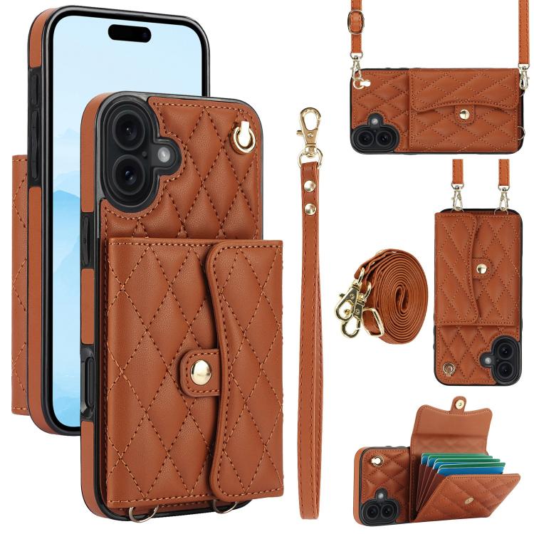 For iPhone 17 Crossbody Rhombic Horizontal Wallet Leather Phone Case(Brown)