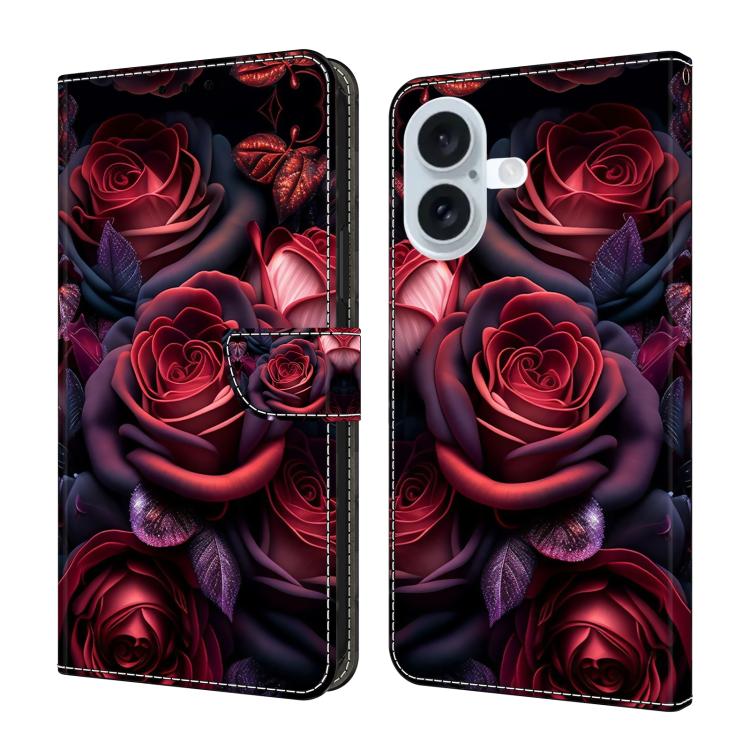 For iPhone 17 Crystal-Like Painted Vegan Leather Phone Case(Black Rose)
