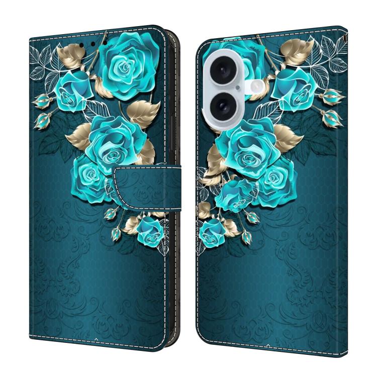 For iPhone 17 Crystal-Like Painted Vegan Leather Phone Case(Blue Rose)