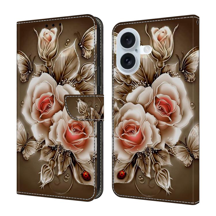 For iPhone 17 Crystal-Like Painted Vegan Leather Phone Case(Brown Rose)