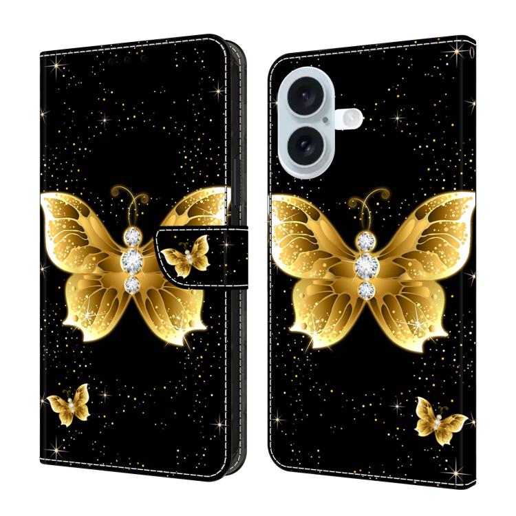 For iPhone 17 Crystal-Like Painted Vegan Leather Phone Case(Gold Butterfly)