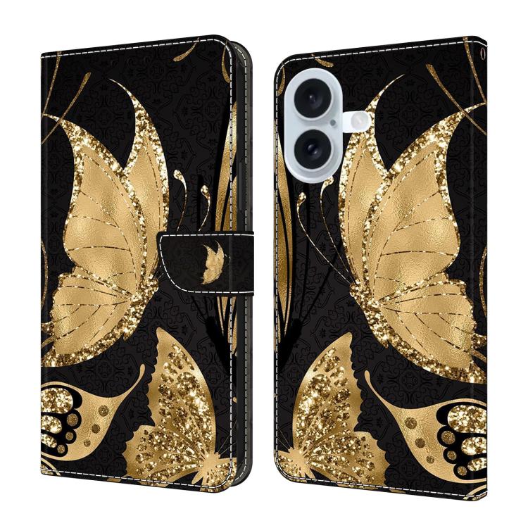 For iPhone 17 Crystal-Like Painted Vegan Leather Phone Case(Golden Butterfly)