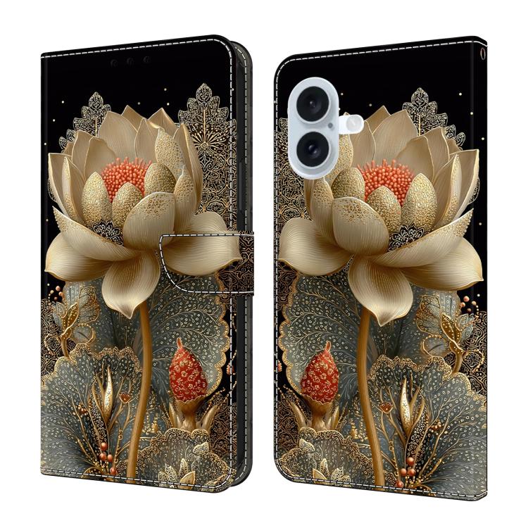 For iPhone 17 Crystal-Like Painted Vegan Leather Phone Case(Golden Lotus)