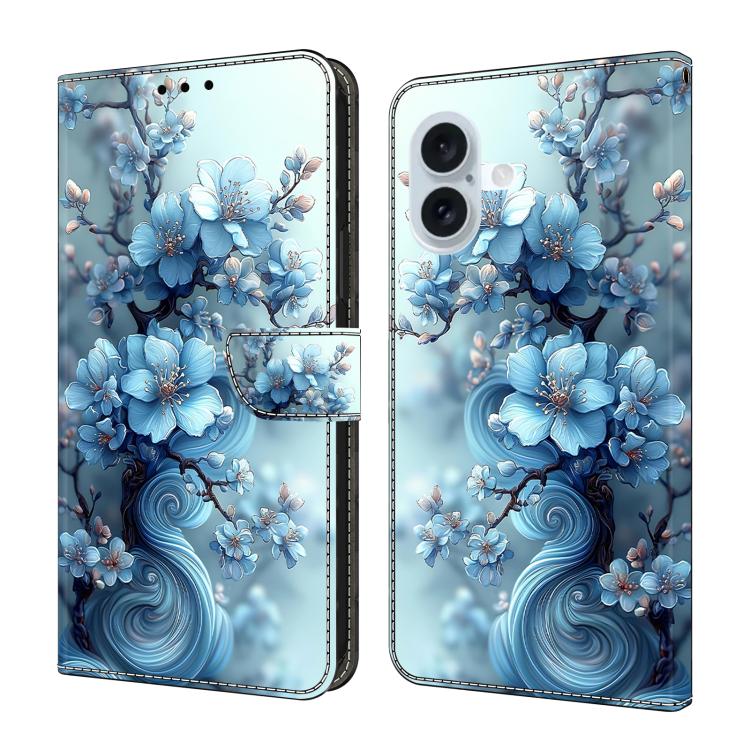 For iPhone 17 Crystal-Like Painted Vegan Leather Phone Case(Icy Blue Blossoms)
