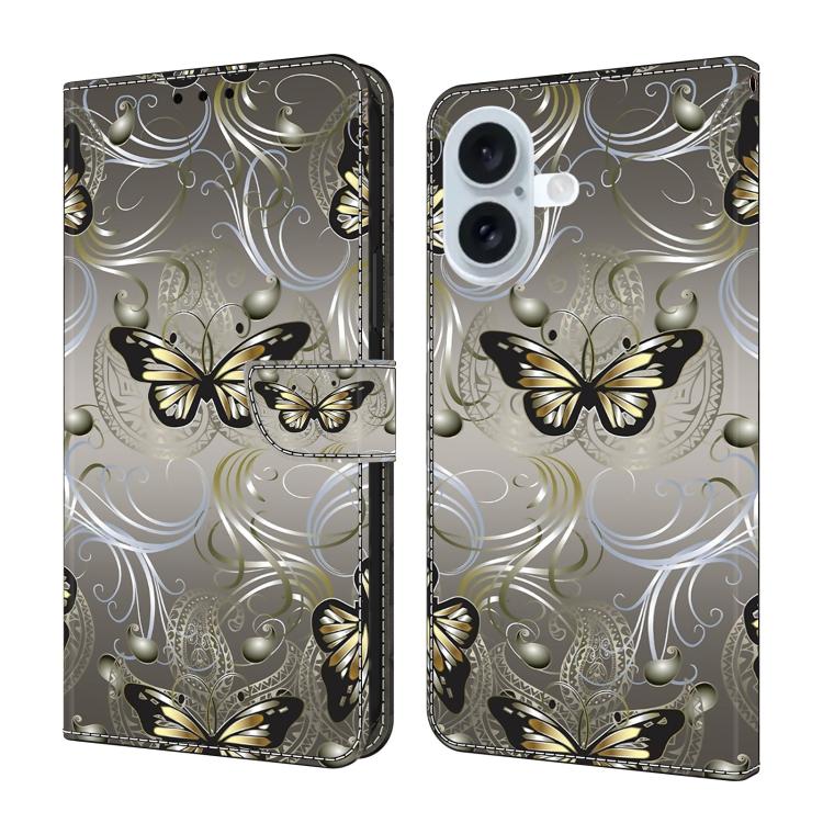 For iPhone 17 Crystal-Like Painted Vegan Leather Phone Case(Lace Butterfly)