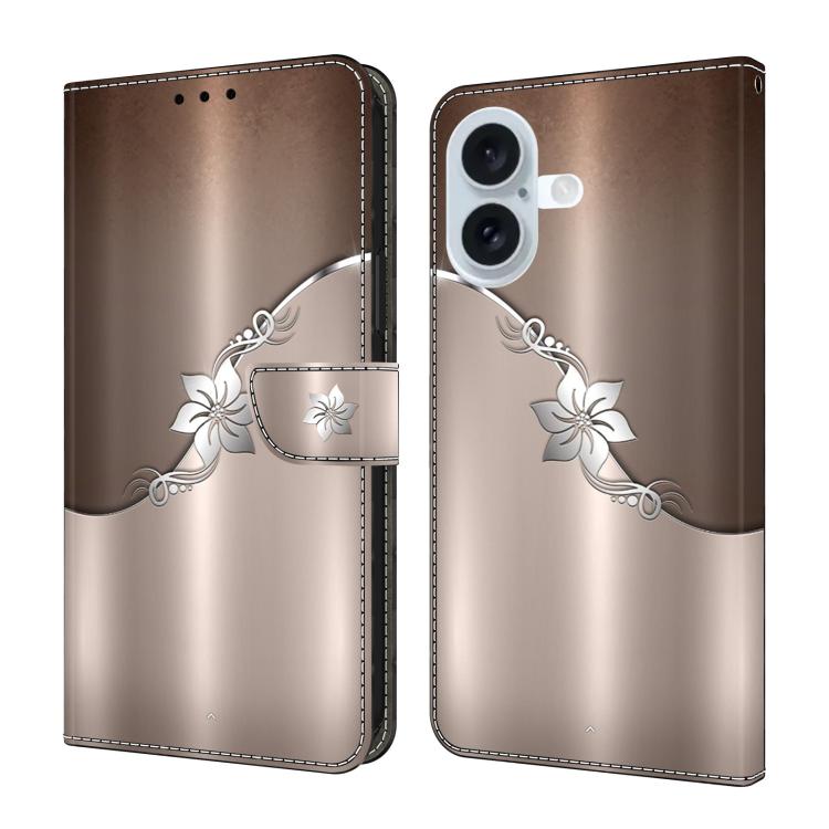For iPhone 17 Crystal-Like Painted Vegan Leather Phone Case(Silver Flowers)