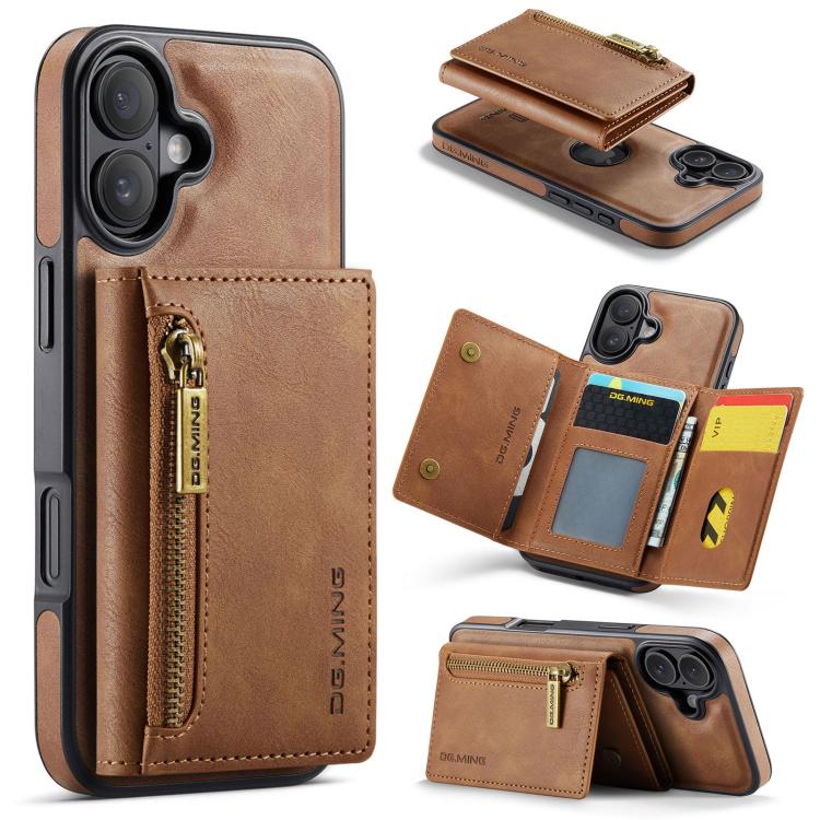 For iPhone 17 DG.MING M5 Series Zip RFID Multi Card Detachable Leather Phone Case(Brown)