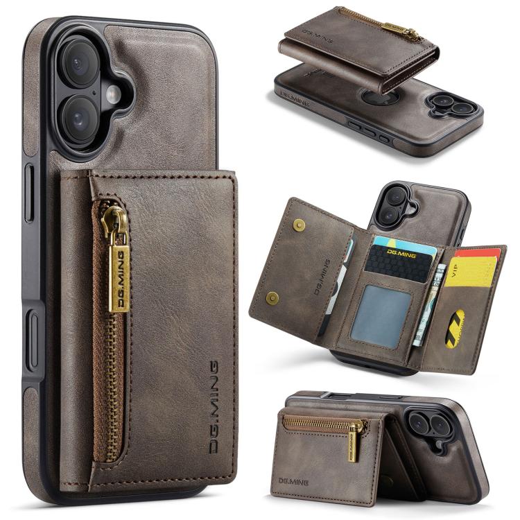 For iPhone 17 DG.MING M5 Series Zip RFID Multi Card Detachable Leather Phone Case(Coffee)