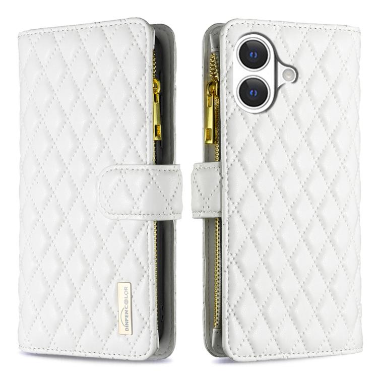 For iPhone 17 Diamond Lattice Zipper Wallet Leather Flip Phone Case(White)