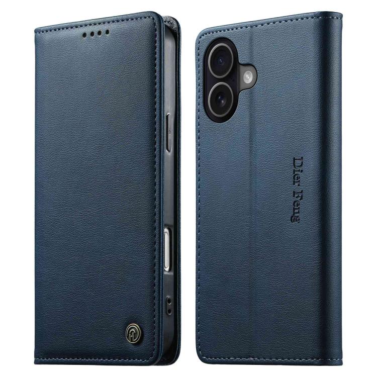 For iPhone 17 Dierfeng Metal Snap Magnetic RFID Vegan Leather Phone Case(Blue)