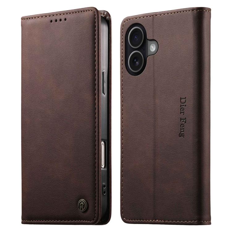For iPhone 17 Dierfeng Metal Snap Magnetic RFID Vegan Leather Phone Case(Dark Brown)