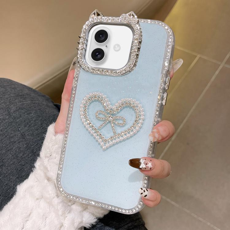 For iPhone 17 Electroplated Cat Ear Dual Side Rhinestones Glitter IMD Phone Case(Blue)
