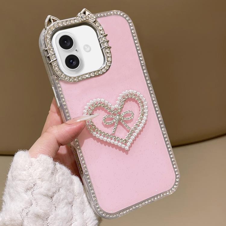 For iPhone 17 Electroplated Cat Ear Dual Side Rhinestones Glitter IMD Phone Case(Pink)