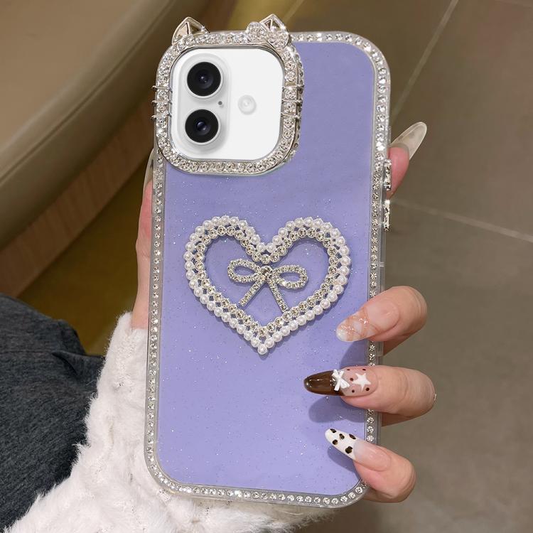 For iPhone 17 Electroplated Cat Ear Dual Side Rhinestones Glitter IMD Phone Case(Purple)