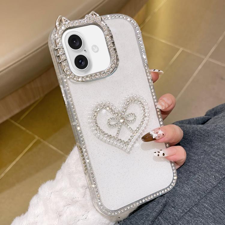 For iPhone 17 Electroplated Cat Ear Dual Side Rhinestones Glitter IMD Phone Case(White)